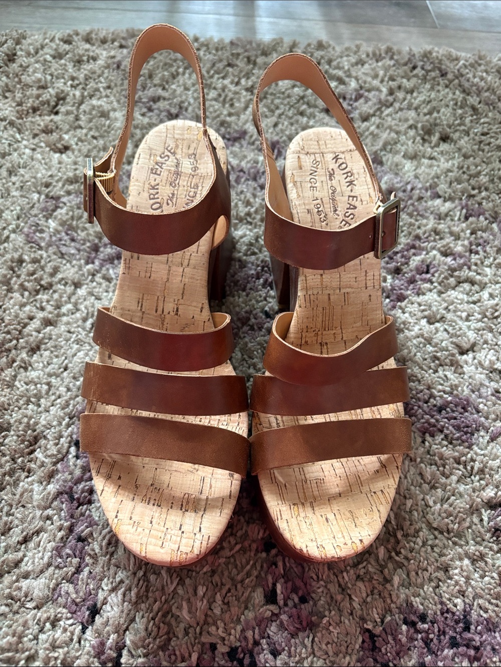 Kork-Ease Pasha Platform Brown Leather Strappy Cork Wedge Sandals